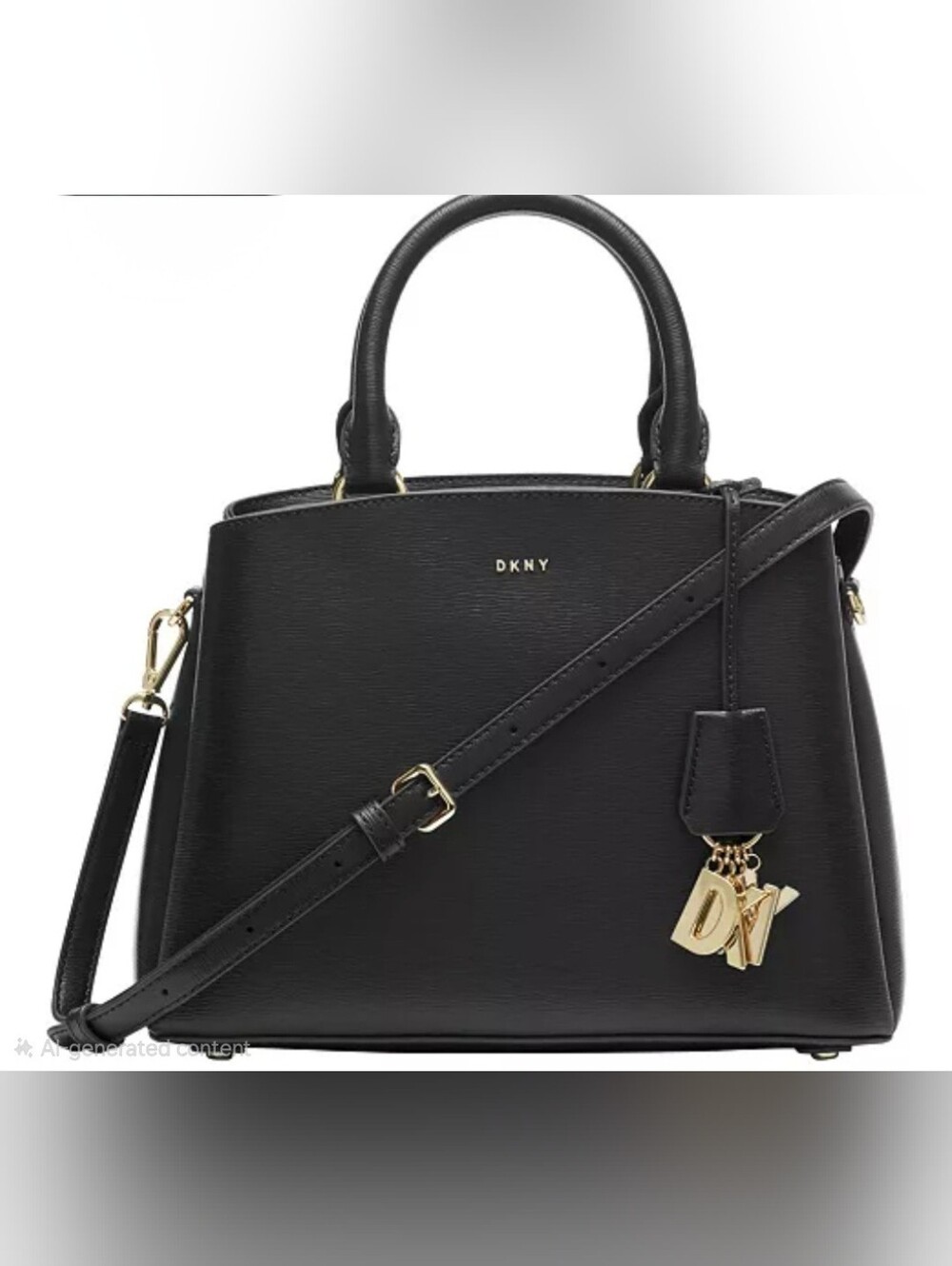 DKNY Paige Black Leather Satchel with Gold Hardware and Logo Charm